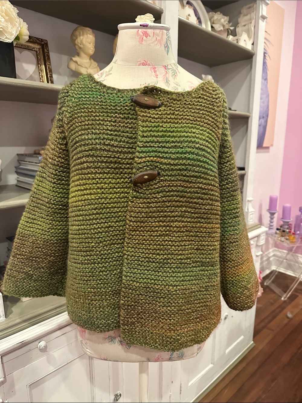 Hand knit variegated colors, cardigan with wood buttons